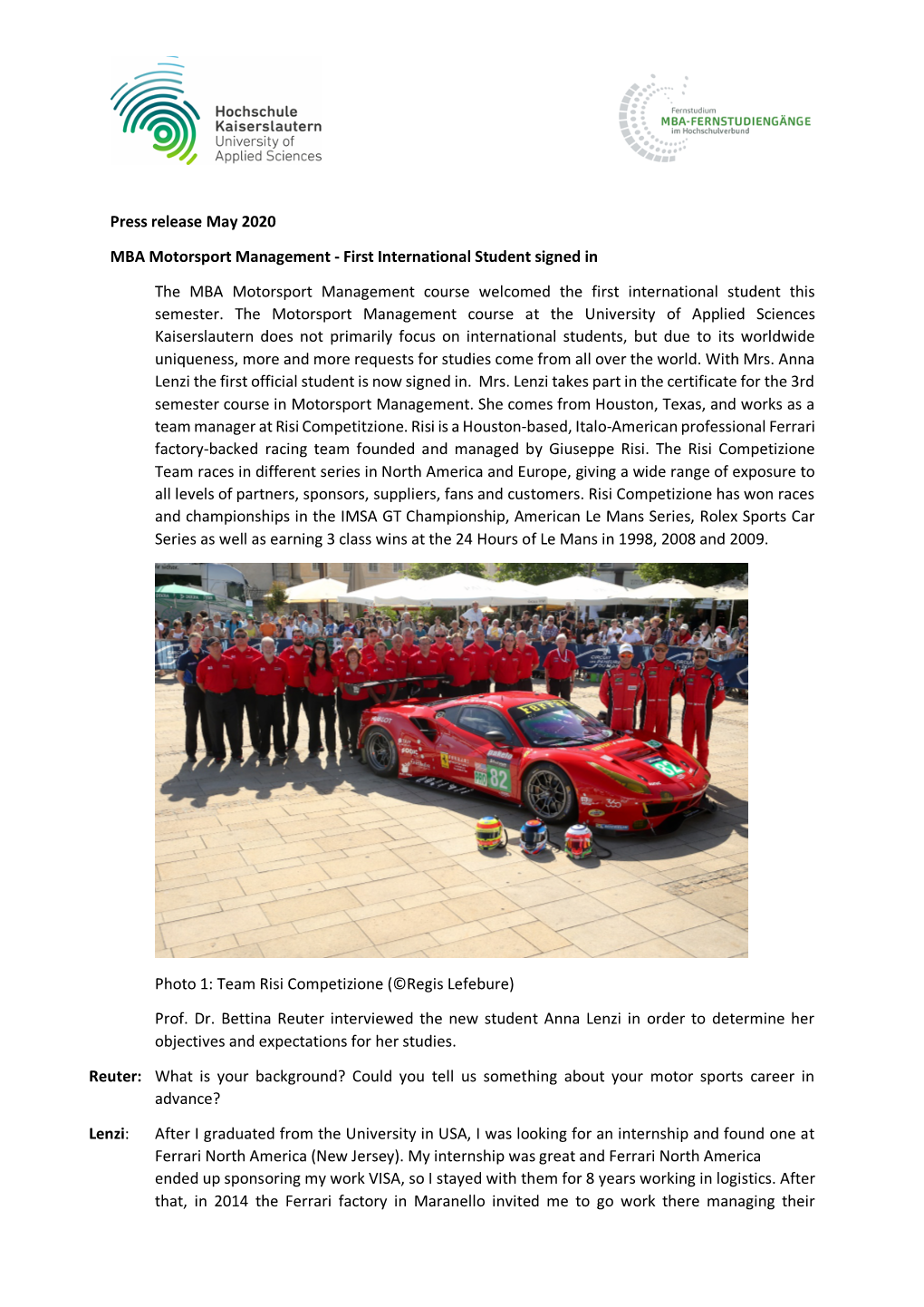Press Release May 2020 MBA Motorsport Management