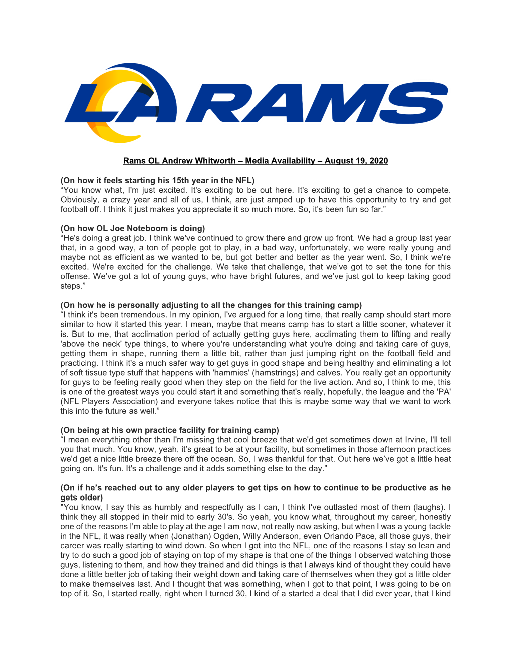 Rams OL Andrew Whitworth – Media Availability – August 19, 2020