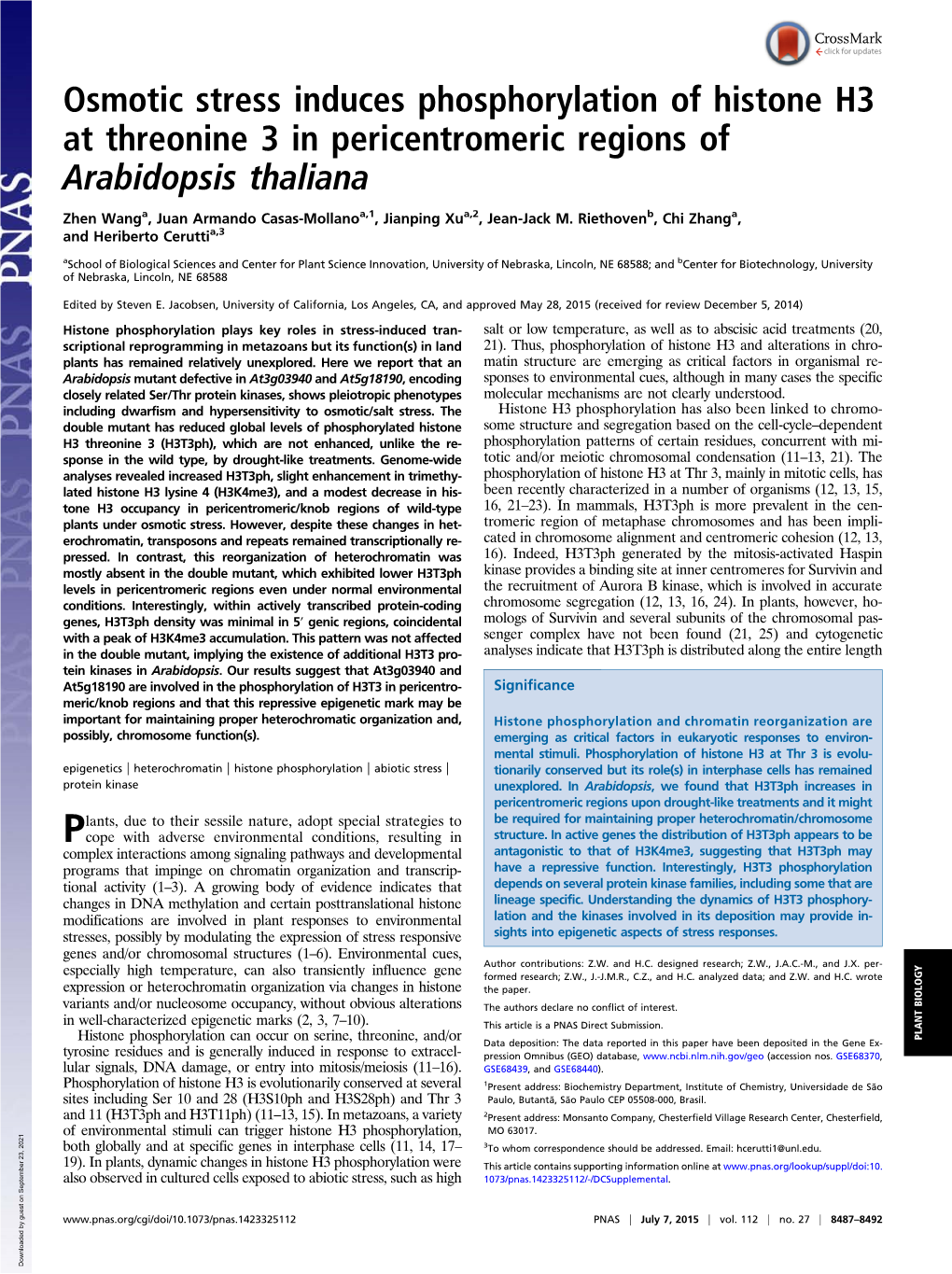 Osmotic Stress Induces Phosphorylation of Histone H3 at Threonine 3 in Pericentromeric Regions of Arabidopsis Thaliana