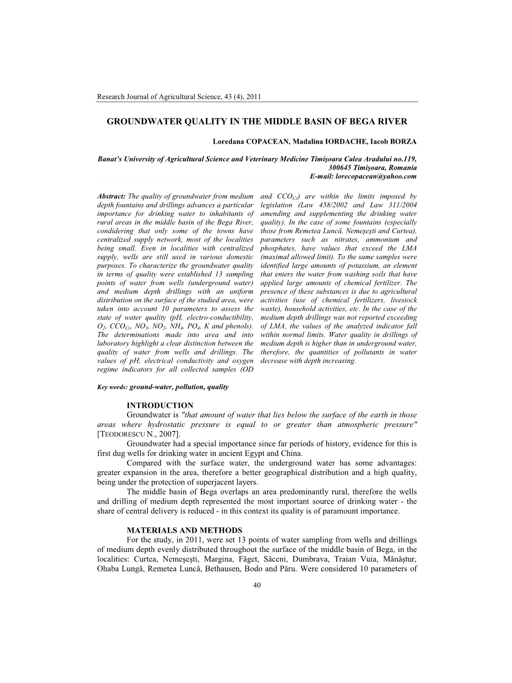 Groundwater Quality in the Middle Basin of Bega River