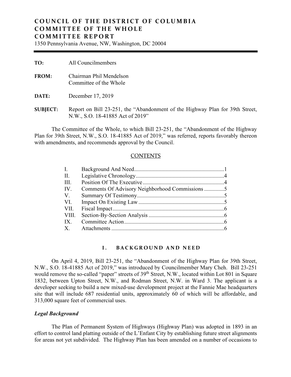 COUNCIL of the DISTRICT of COLUMBIA COMMITTEE of the WHOLE COMMITTEE REPORT 1350 Pennsylvania Avenue, NW, Washington, DC 20004