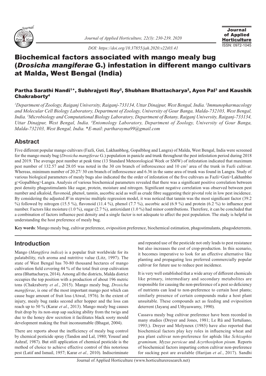 Biochemical Factors Associated with Mango Mealy Bug (Drosicha Mangiferae G.) Infestation in Different Mango Cultivars at Malda, West Bengal (India)