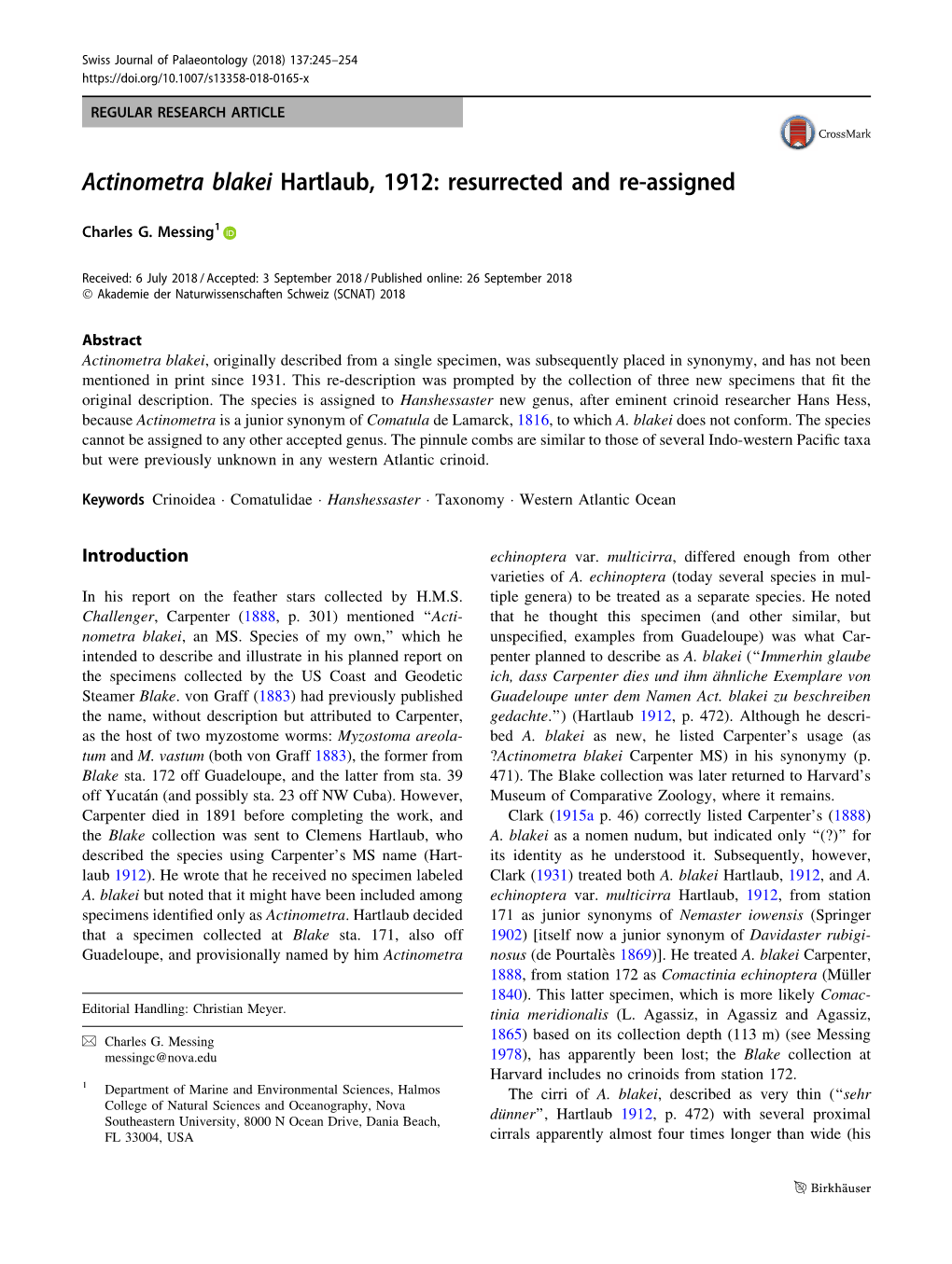 Actinometra Blakei Hartlaub, 1912: Resurrected and Re-Assigned