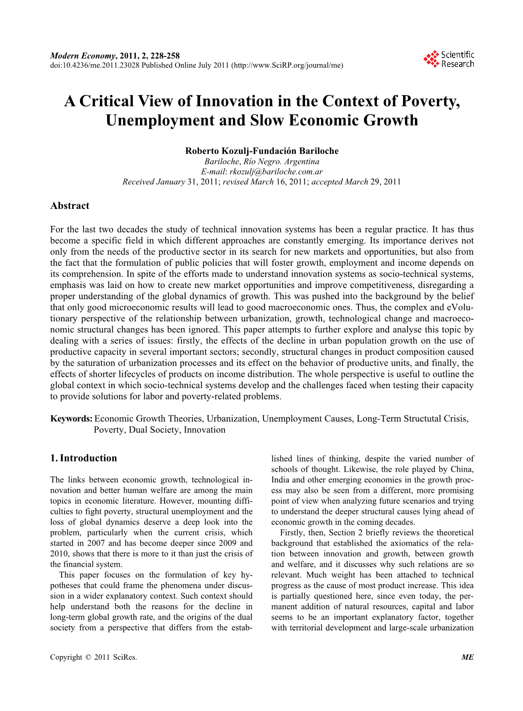 A Critical View of Innovation in the Context of Poverty, Unemployment and Slow Economic Growth