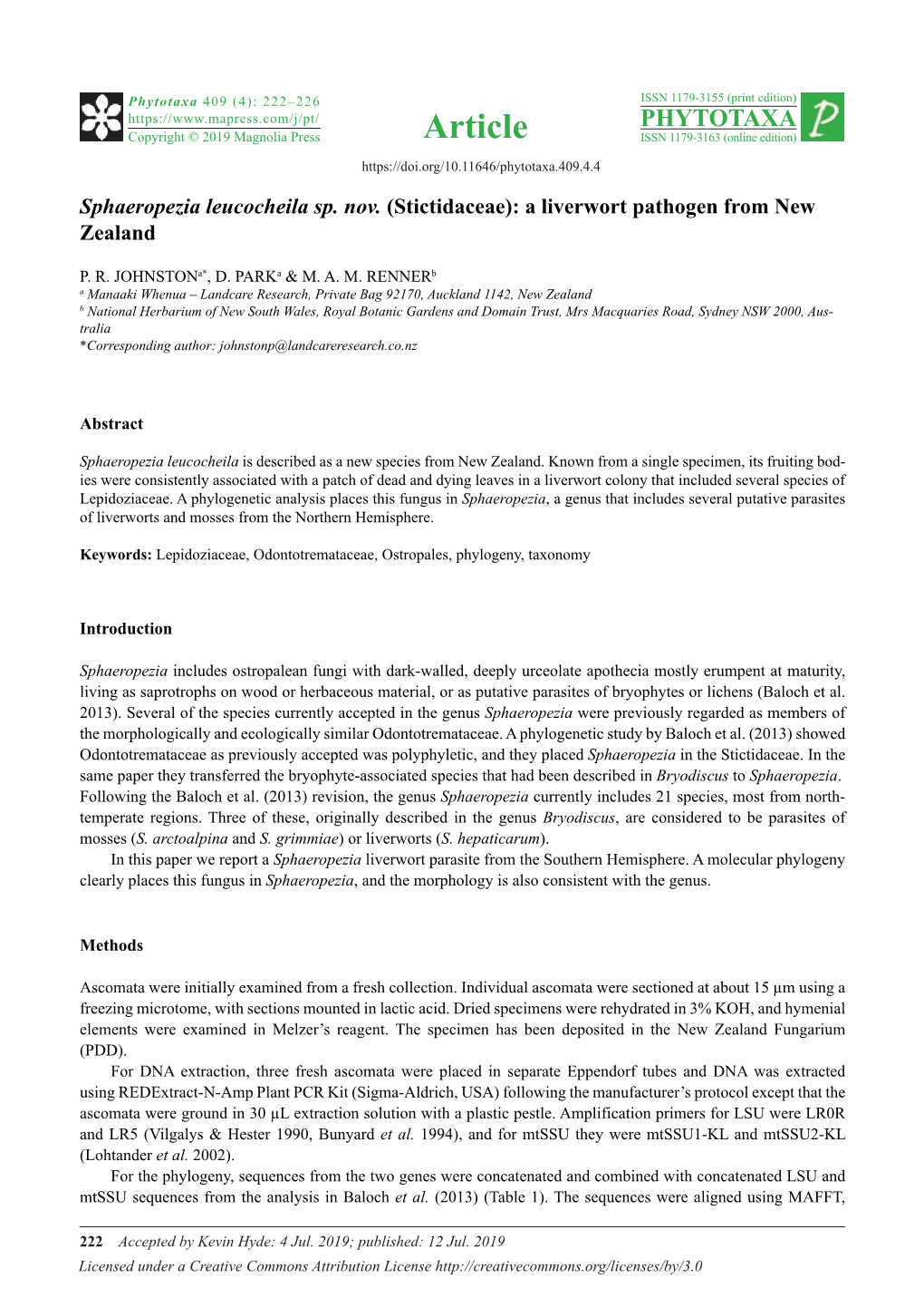 Sphaeropezia Leucocheila Sp. Nov. (Stictidaceae): a Liverwort Pathogen from New Zealand