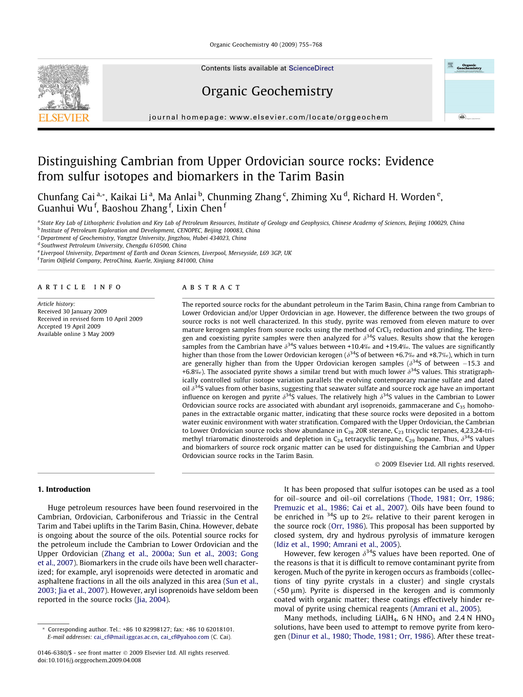 Distinguishing Cambrian from Upper Ordovician Source Rocks: Evidence from Sulfur Isotopes and Biomarkers in the Tarim Basin