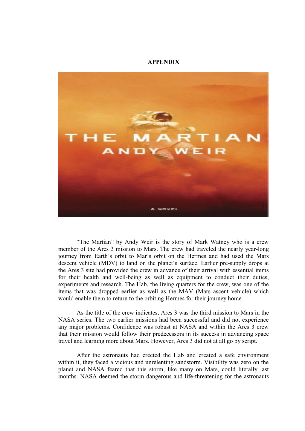 APPENDIX “The Martian” by Andy Weir Is the Story of Mark Watney