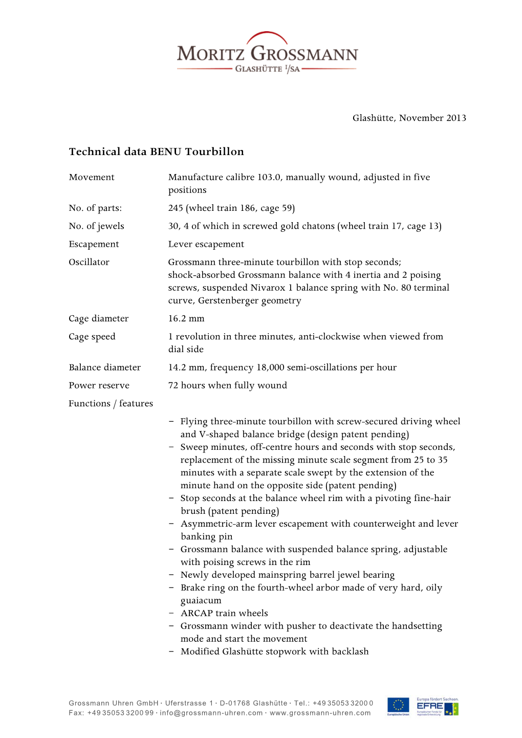 Technical Data BENU Tourbillon