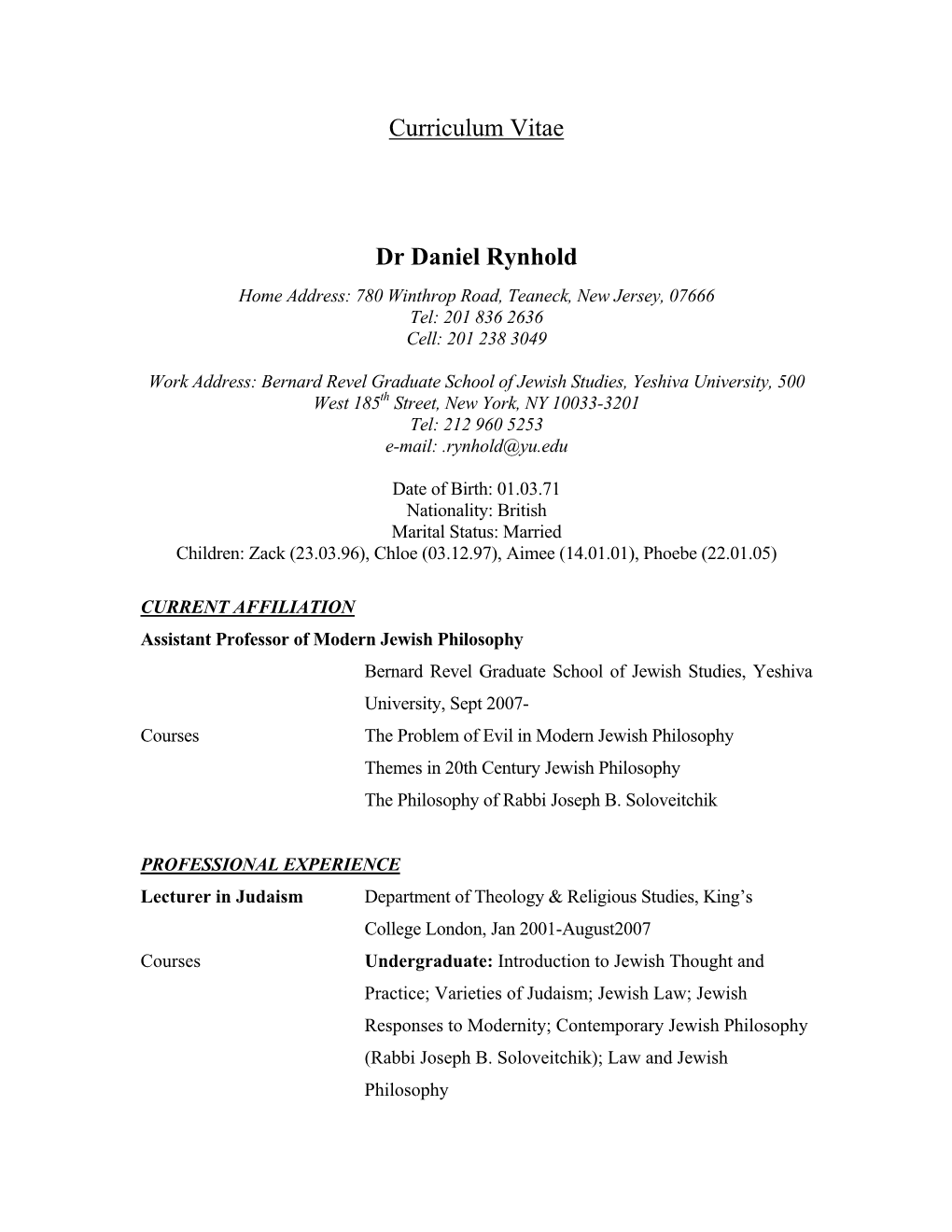 Curriculum Vitae Dr Daniel Rynhold