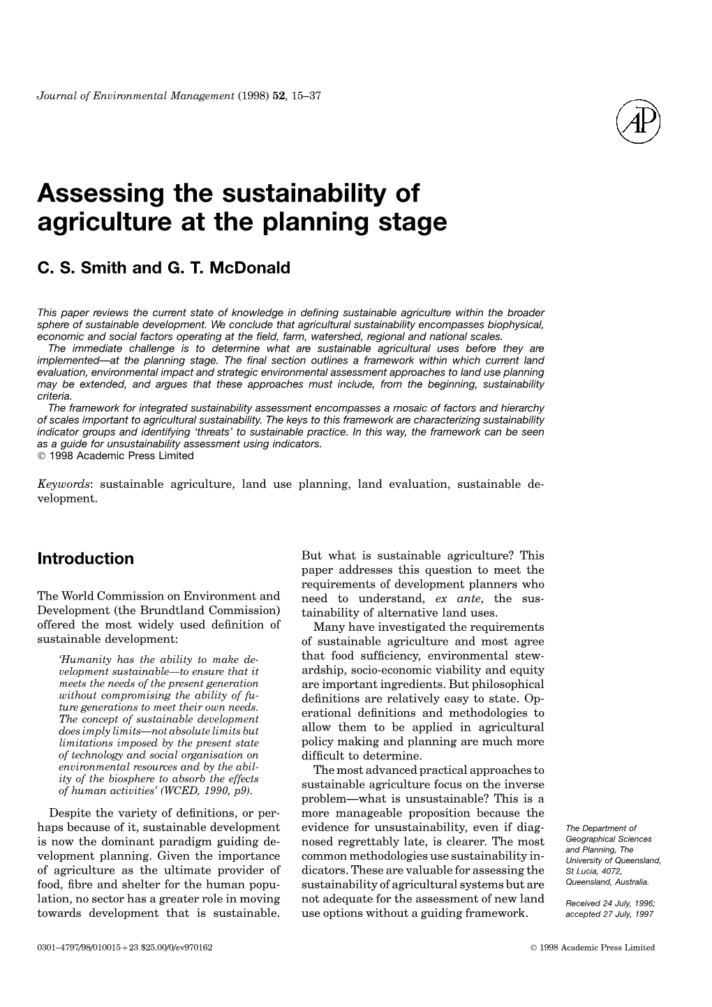 Assessing the Sustainability of Agriculture at the Planning Stage