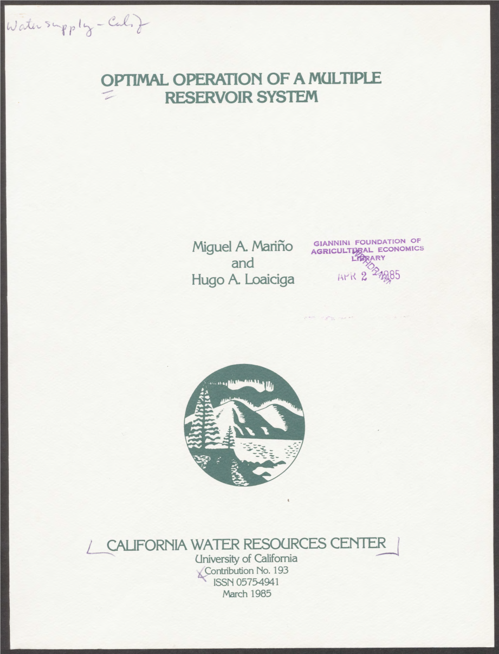 Optimal Operation of a Multiple Reservoir System