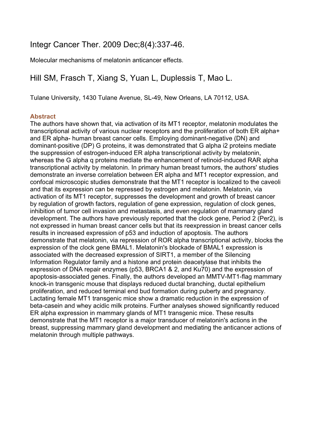 Molecular Mechanisms of Melatonin Anticancer Effects