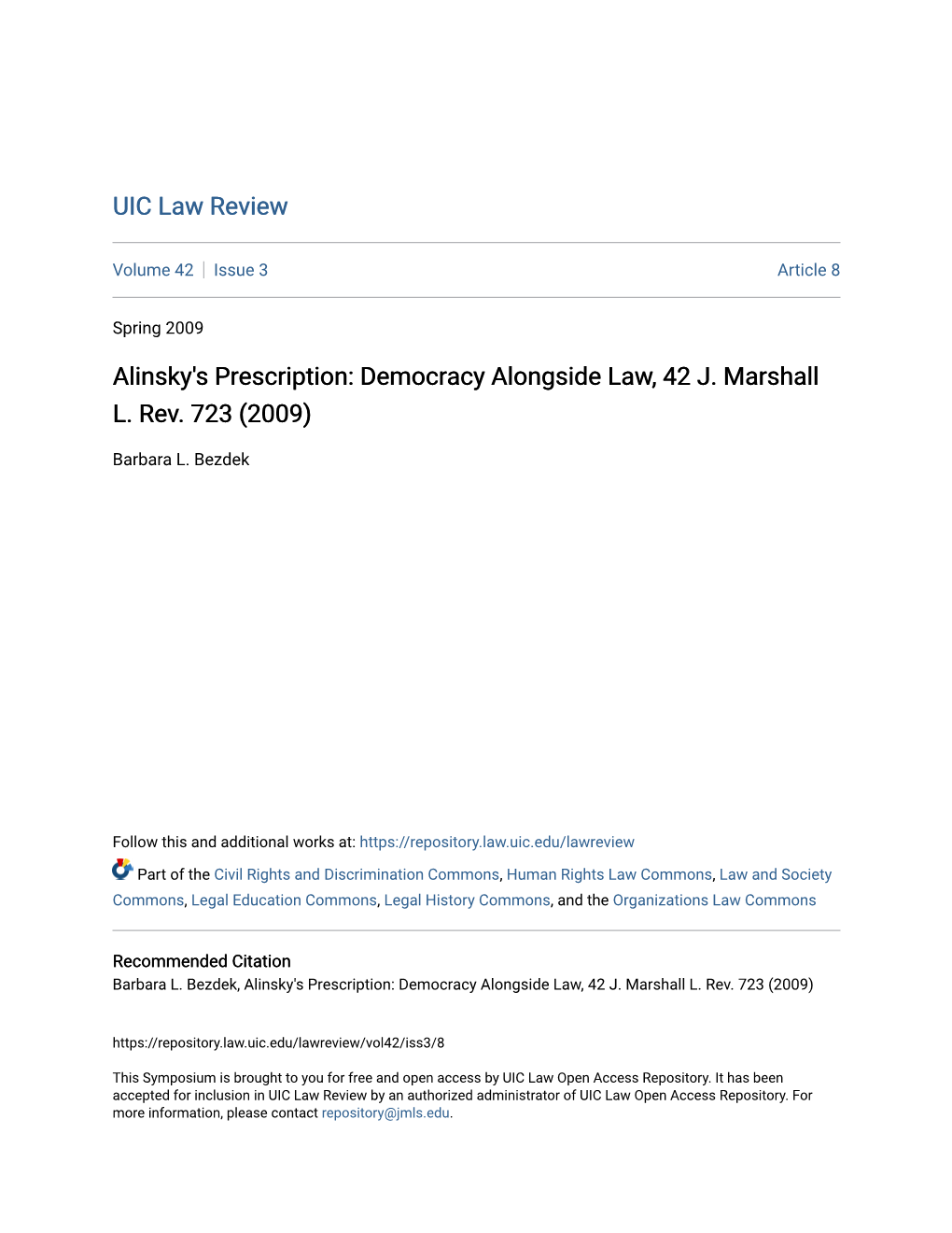 Democracy Alongside Law, 42 J. Marshall L. Rev. 723 (2009)