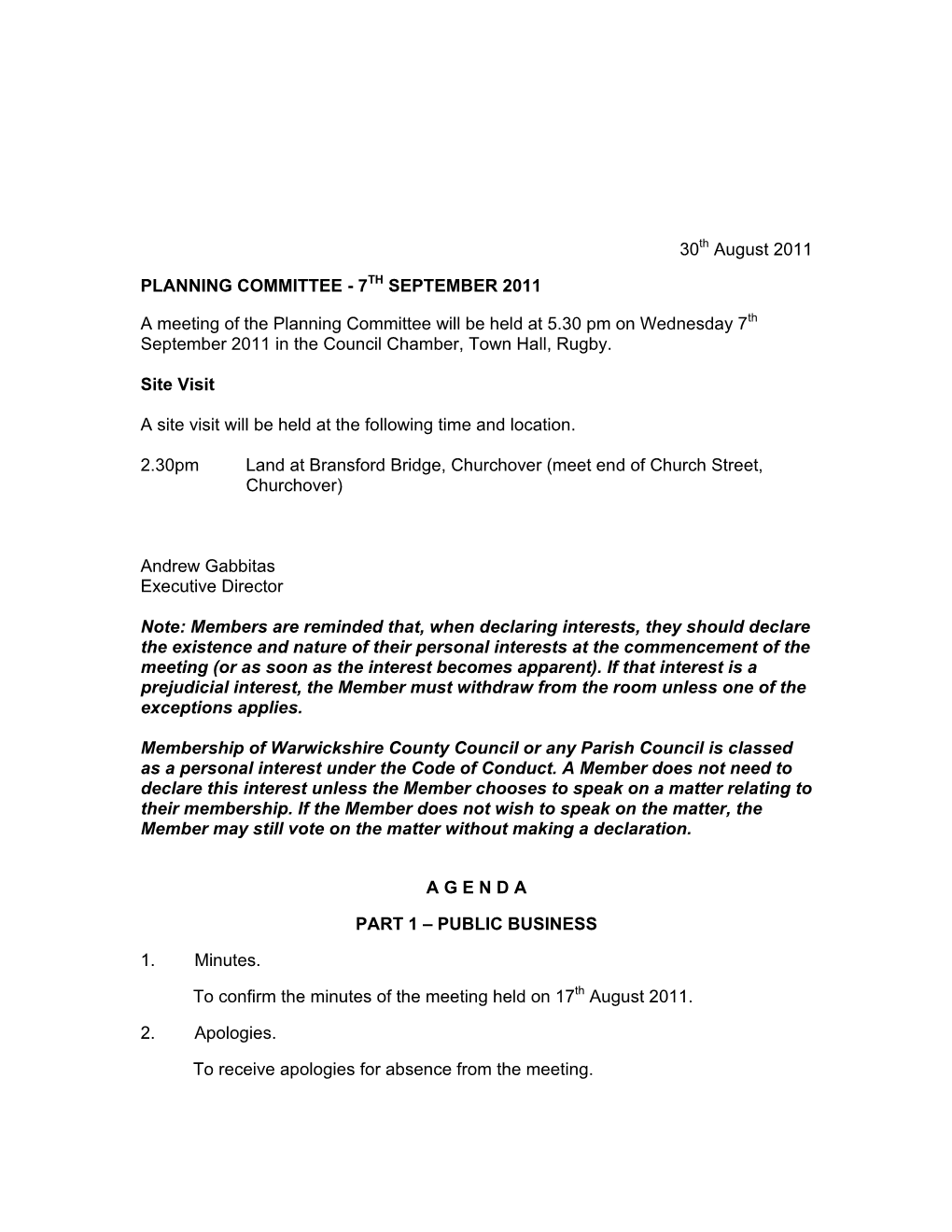 Planning Committee Agenda 7 September 2011