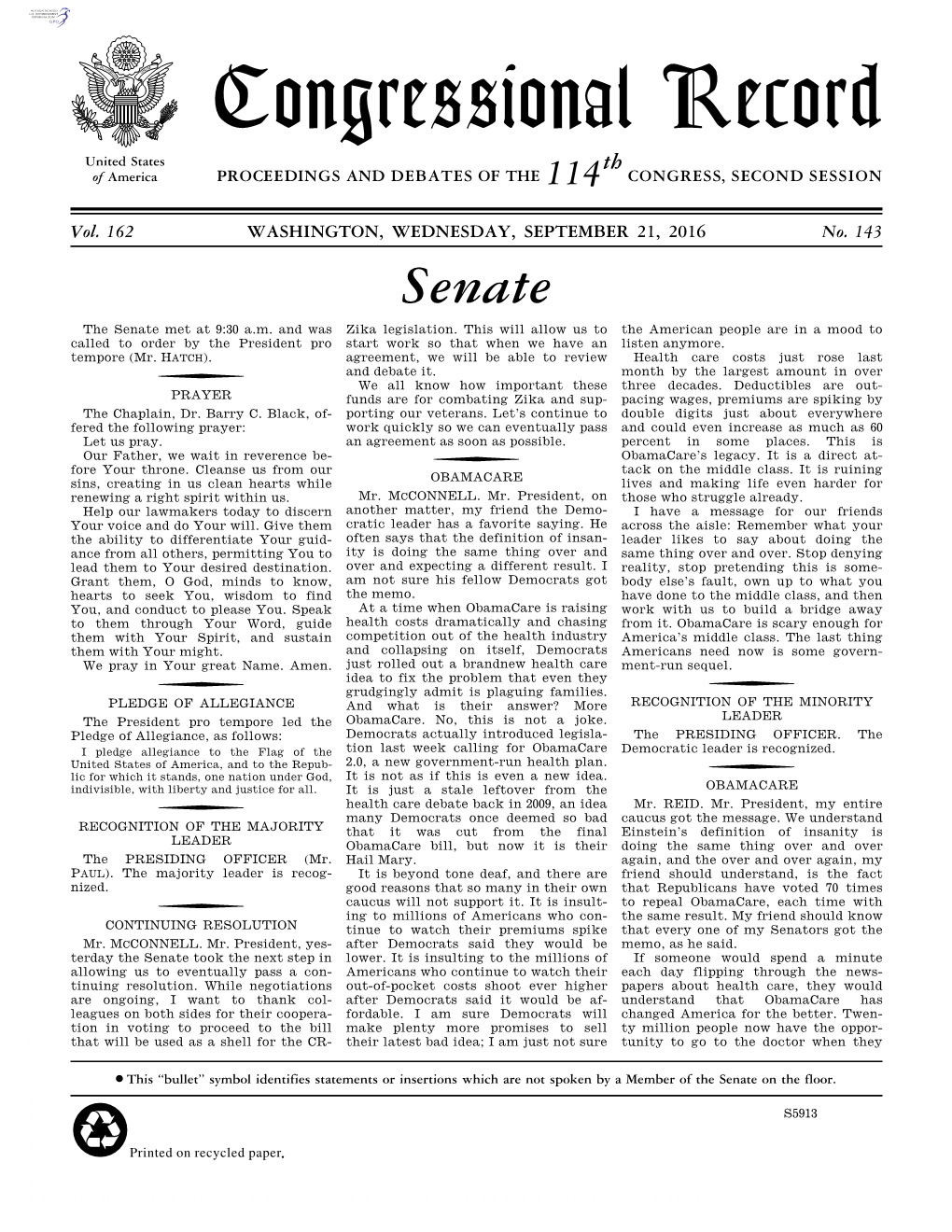 Congressional Record United States Th of America PROCEEDINGS and DEBATES of the 114 CONGRESS, SECOND SESSION