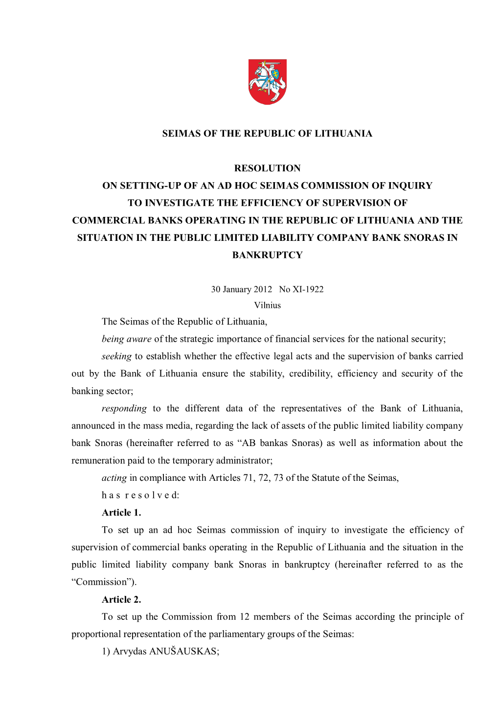 Seimas of the Republic of Lithuania Resolution On