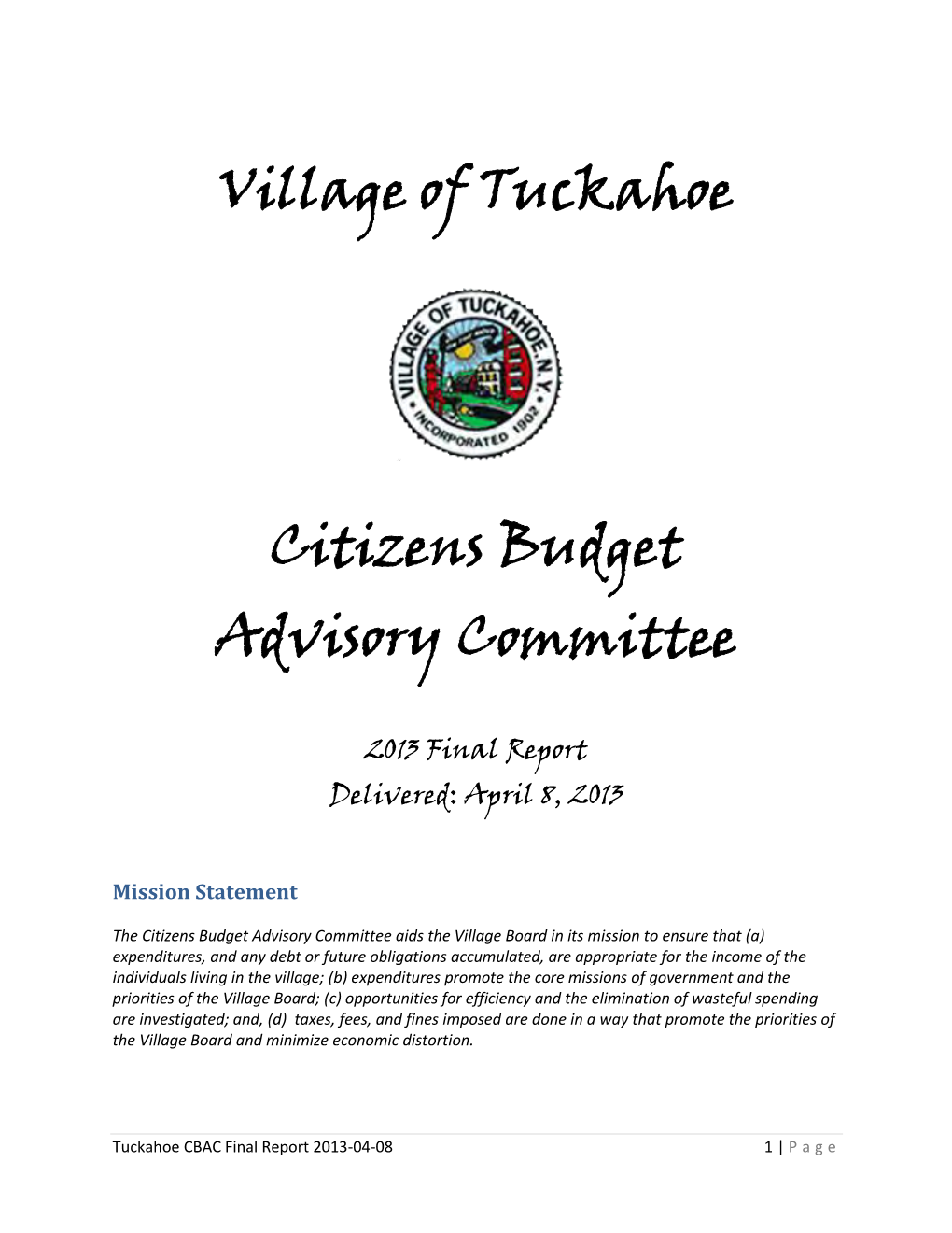 Village of Tuckahoe Citizens Budget Advisory Committee