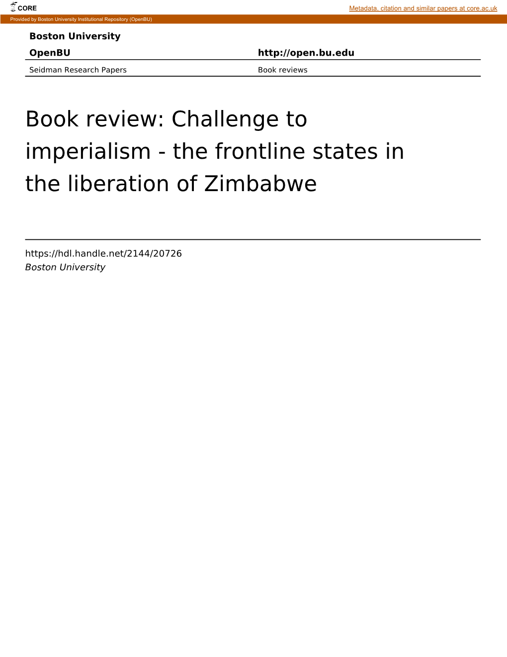 Book Review: Challenge to Imperialism - the Frontline States in the Liberation of Zimbabwe