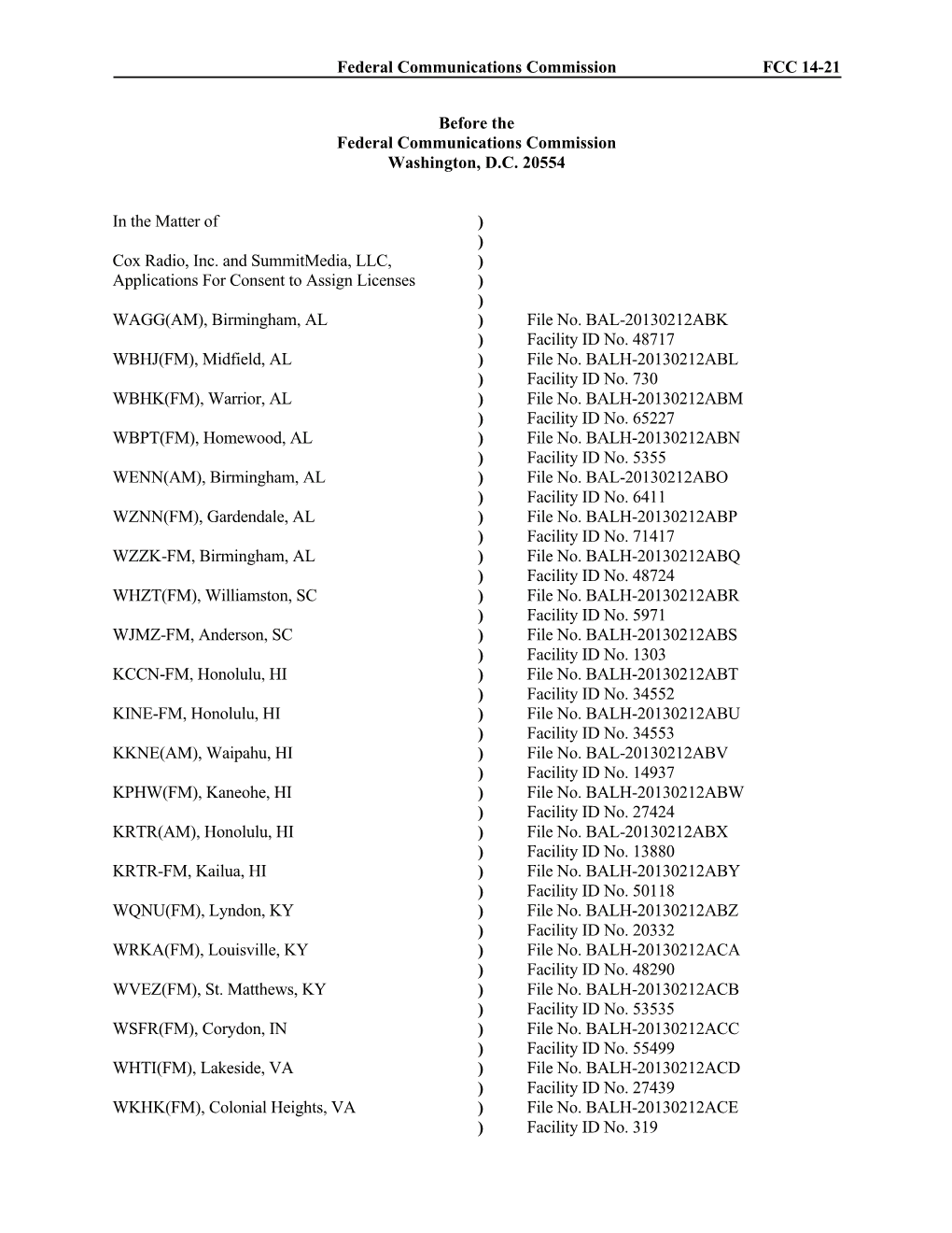 Federal Communications Commission FCC 14-21 Before the Federal