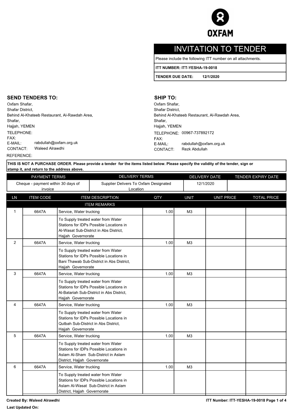 INVITATION to TENDER Please Include the Following ITT Number on All Attachments