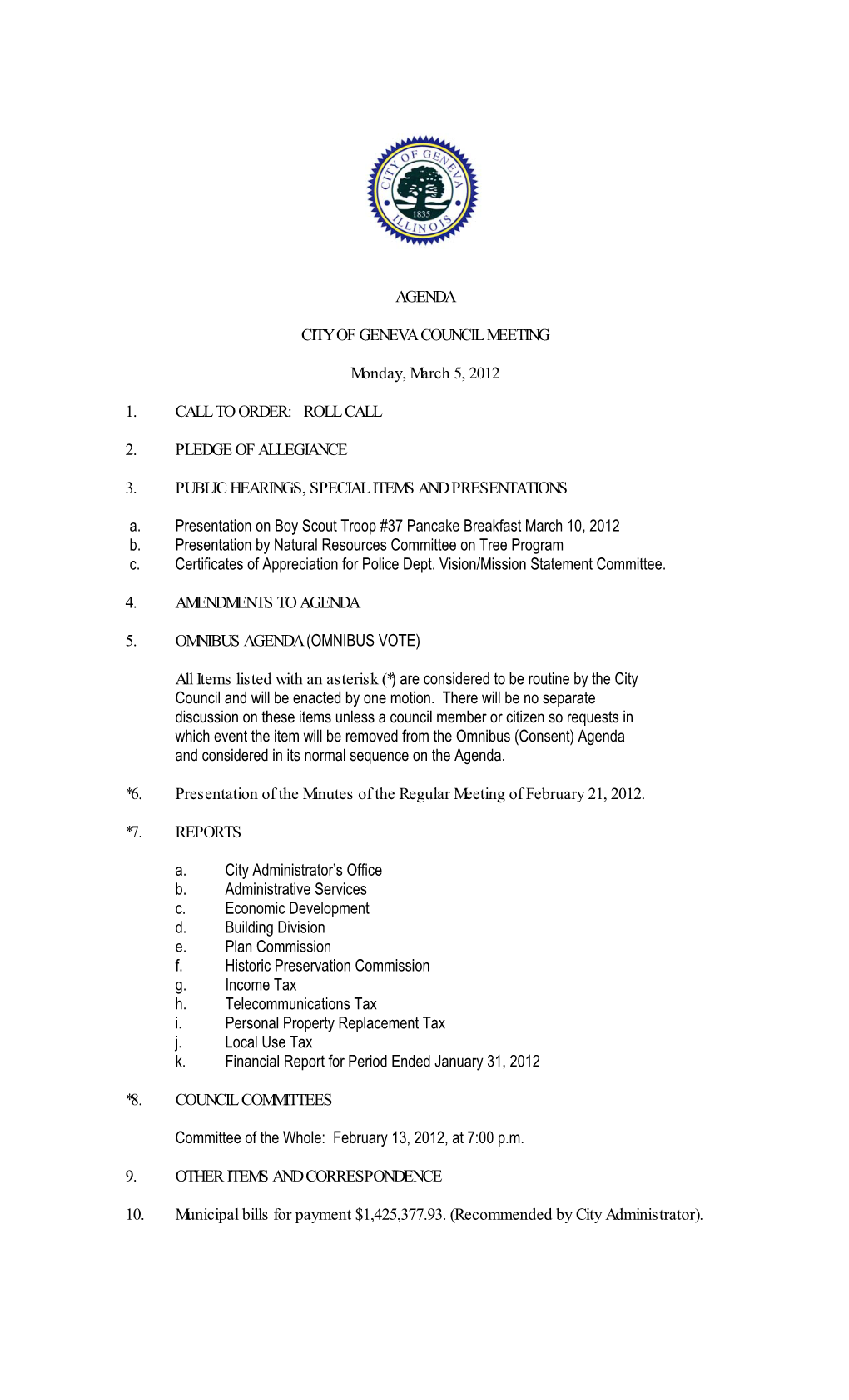 AGENDA CITY of GENEVA COUNCIL MEETING Monday