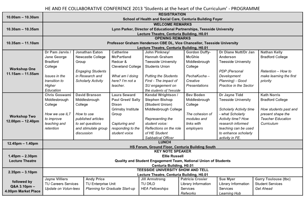HE and FE COLLABORATIVE CONFERENCE 2013 Students at the Heart of the Curriculum - PROGRAMME