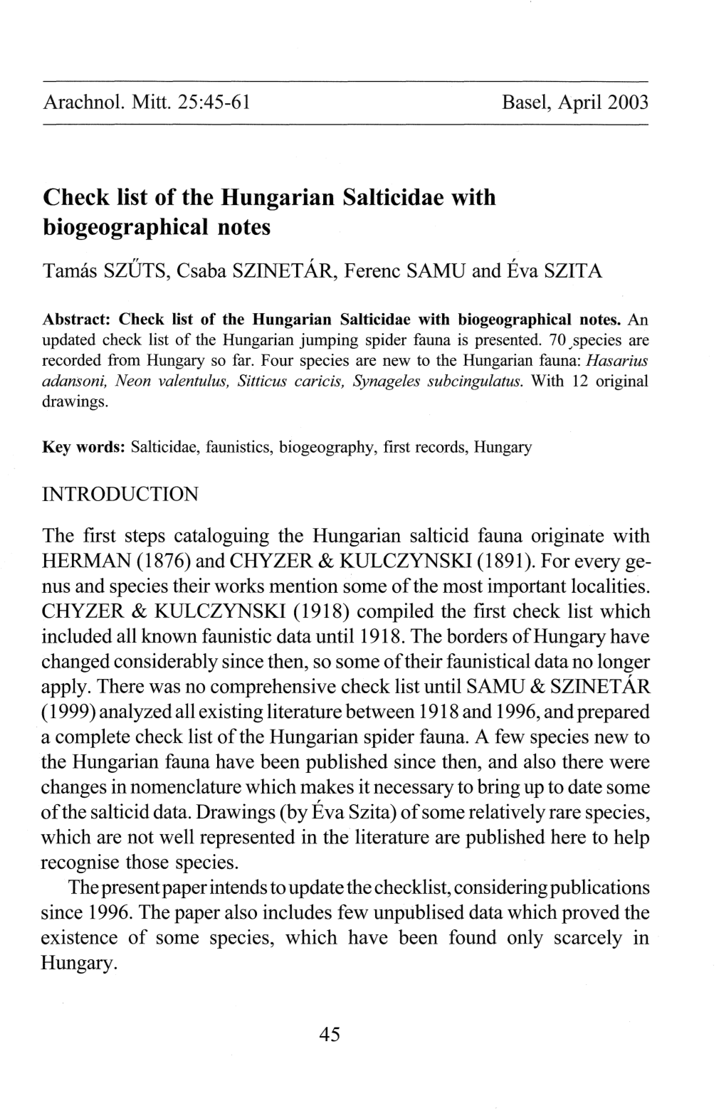 Check List of the Hungarian Salticidae with Biogeographical Notes