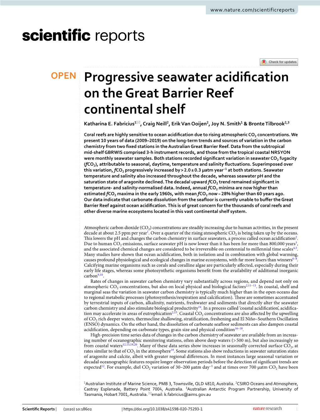 Progressive Seawater Acidification on the Great Barrier Reef Continental