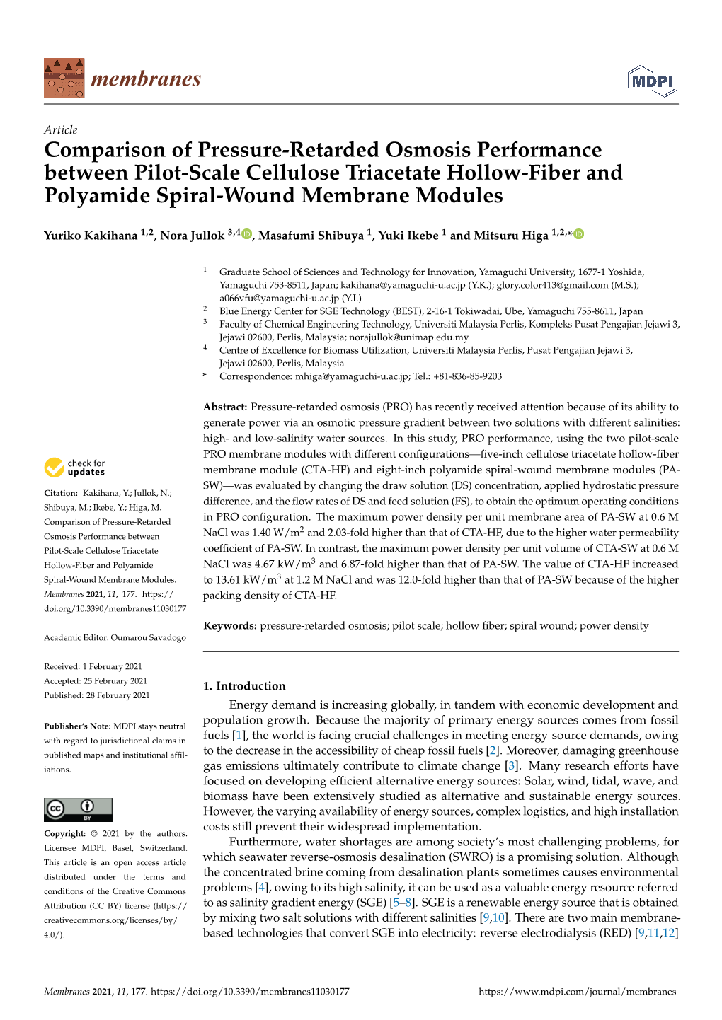 Comparison of Pressure-Retarded Osmosis Performance Between Pilot-Scale Cellulose Triacetate Hollow-Fiber and Polyamide Spiral-Wound Membrane Modules