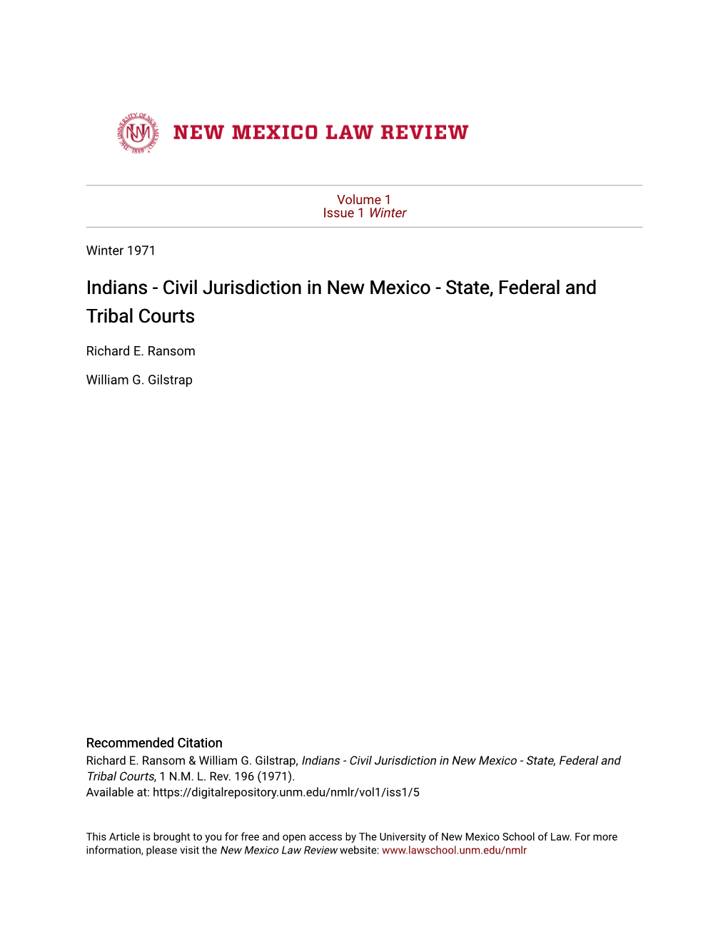 Indians - Civil Jurisdiction in New Mexico - State, Federal and Tribal Courts