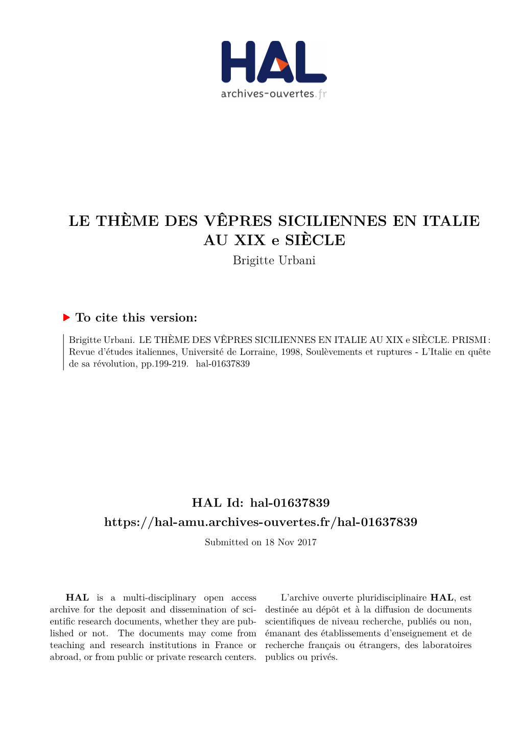 LE THÈME DES VÊPRES SICILIENNES EN ITALIE AU XIX E SIÈCLE Brigitte Urbani