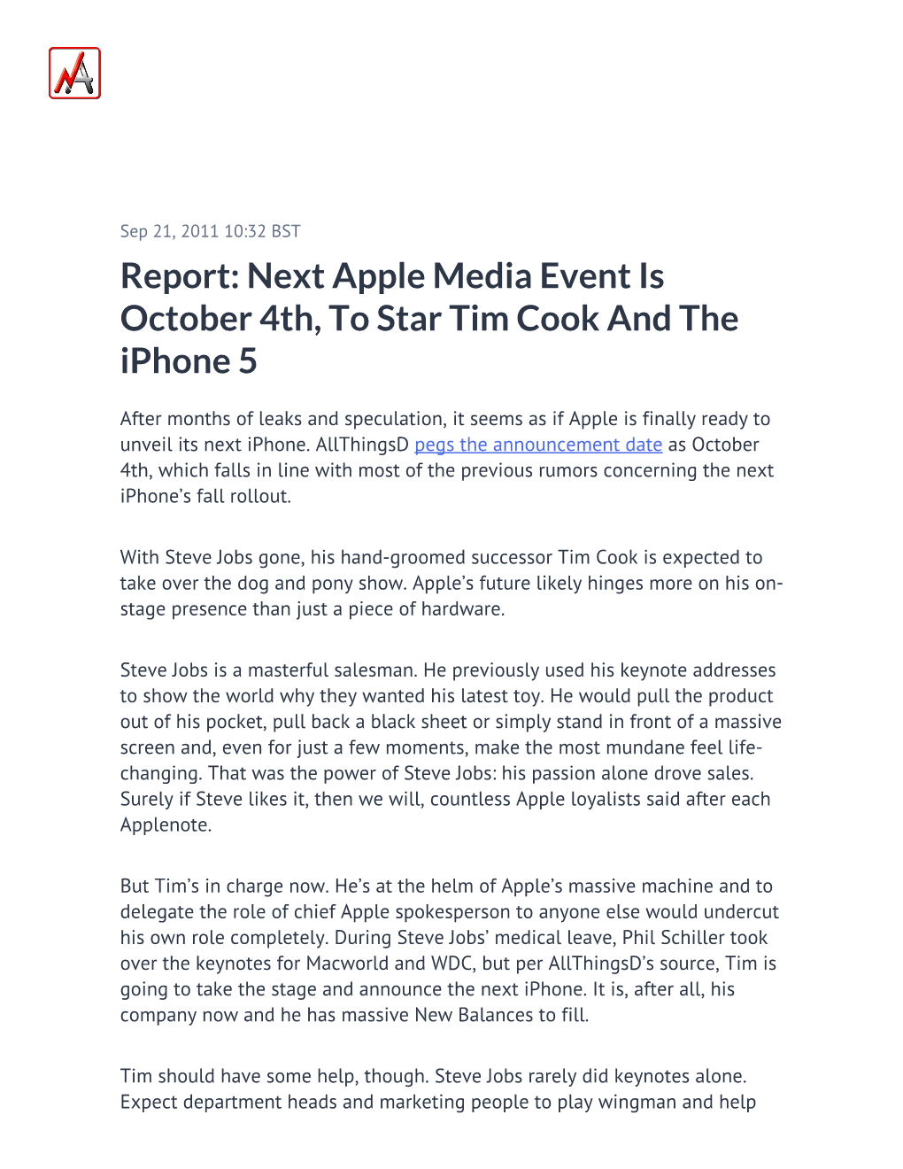 Next Apple Media Event Is October 4Th, to Star Tim Cook and the Iphone 5