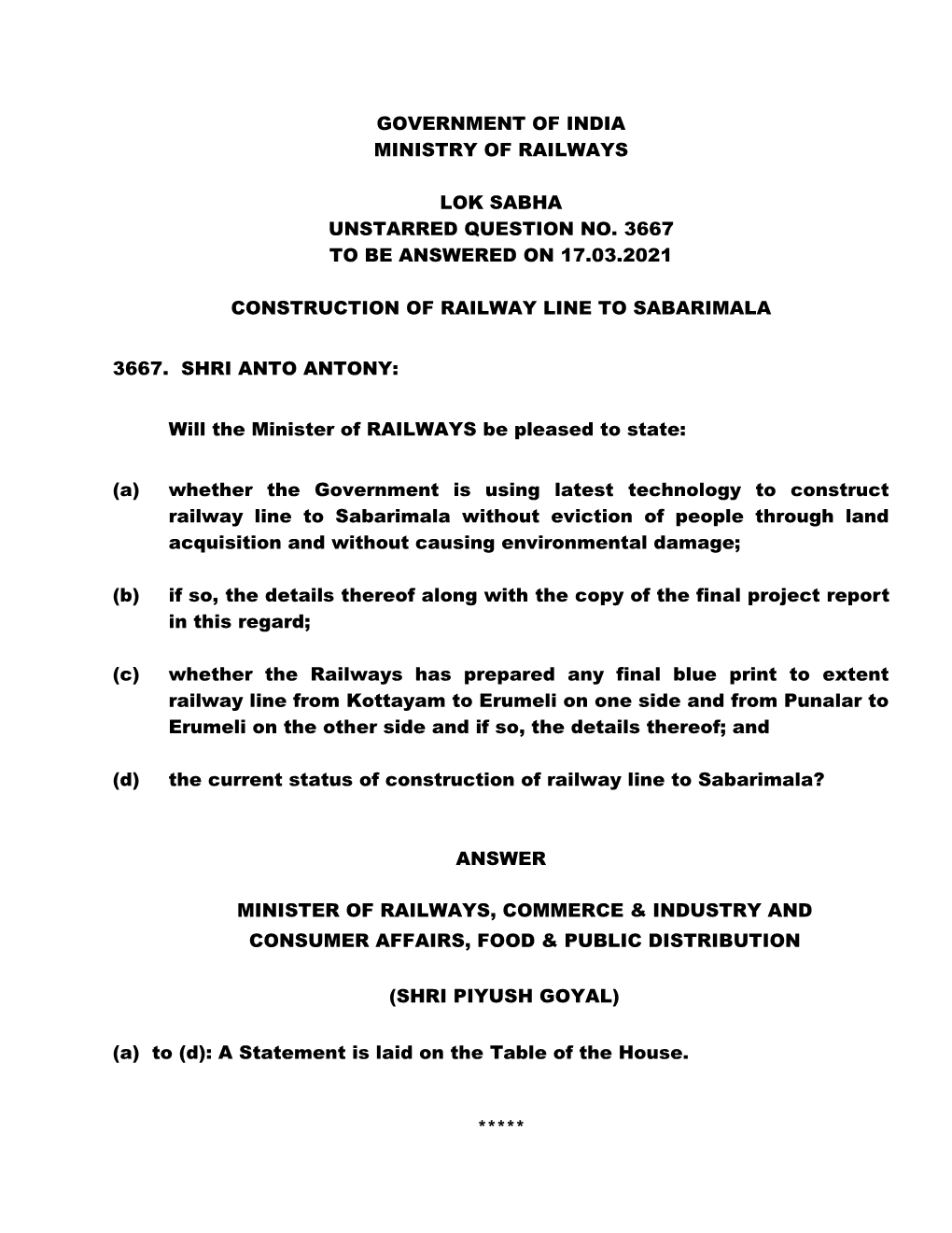 Government of India Ministry of Railways Lok Sabha