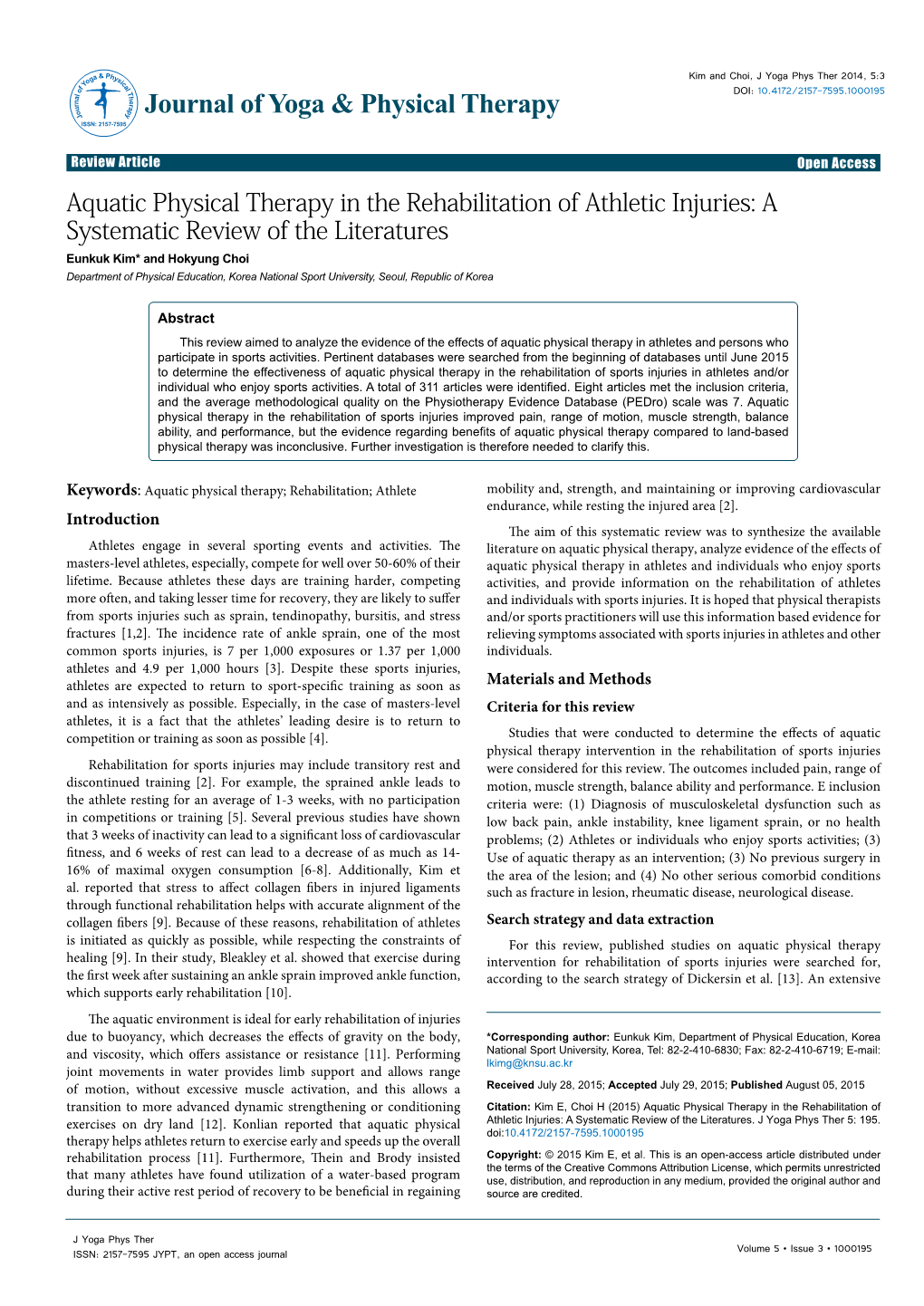 Aquatic Physical Therapy in the Rehabilitation of Athletic Injuries: A