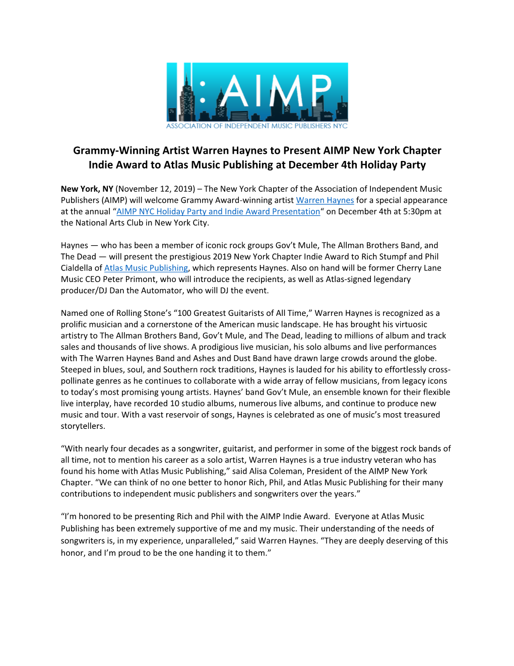 Grammy-Winning Artist Warren Haynes to Present AIMP New York Chapter Indie Award to Atlas Music Publishing at December 4Th Holiday Party