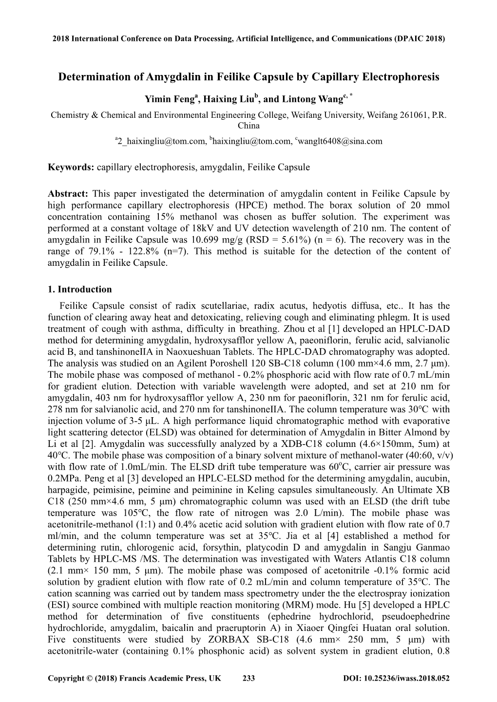 Determination of Amygdalin in Feilike Capsule by Capillary Electrophoresis