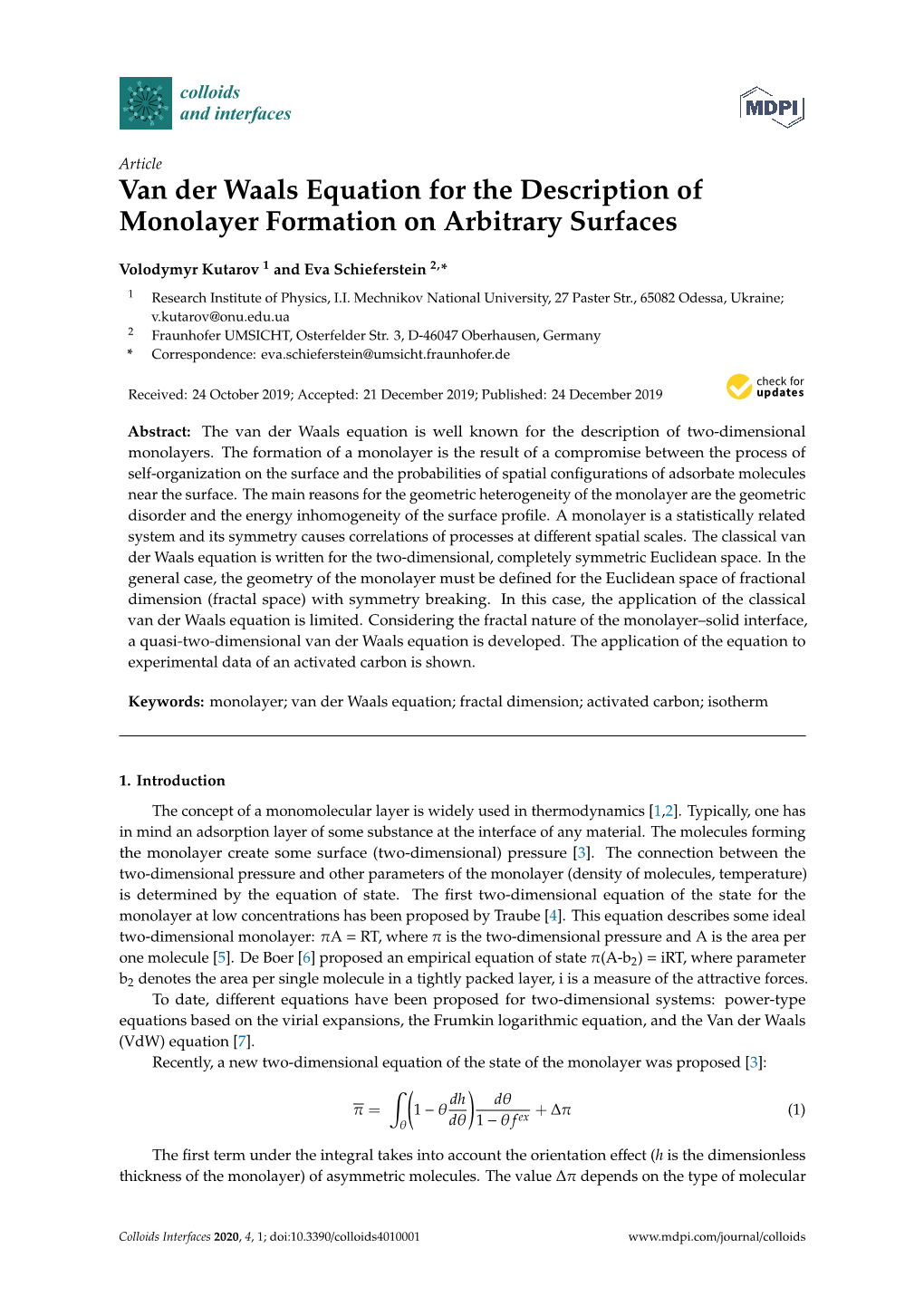 Van Der Waals Equation for the Description of Monolayer Formation on Arbitrary Surfaces