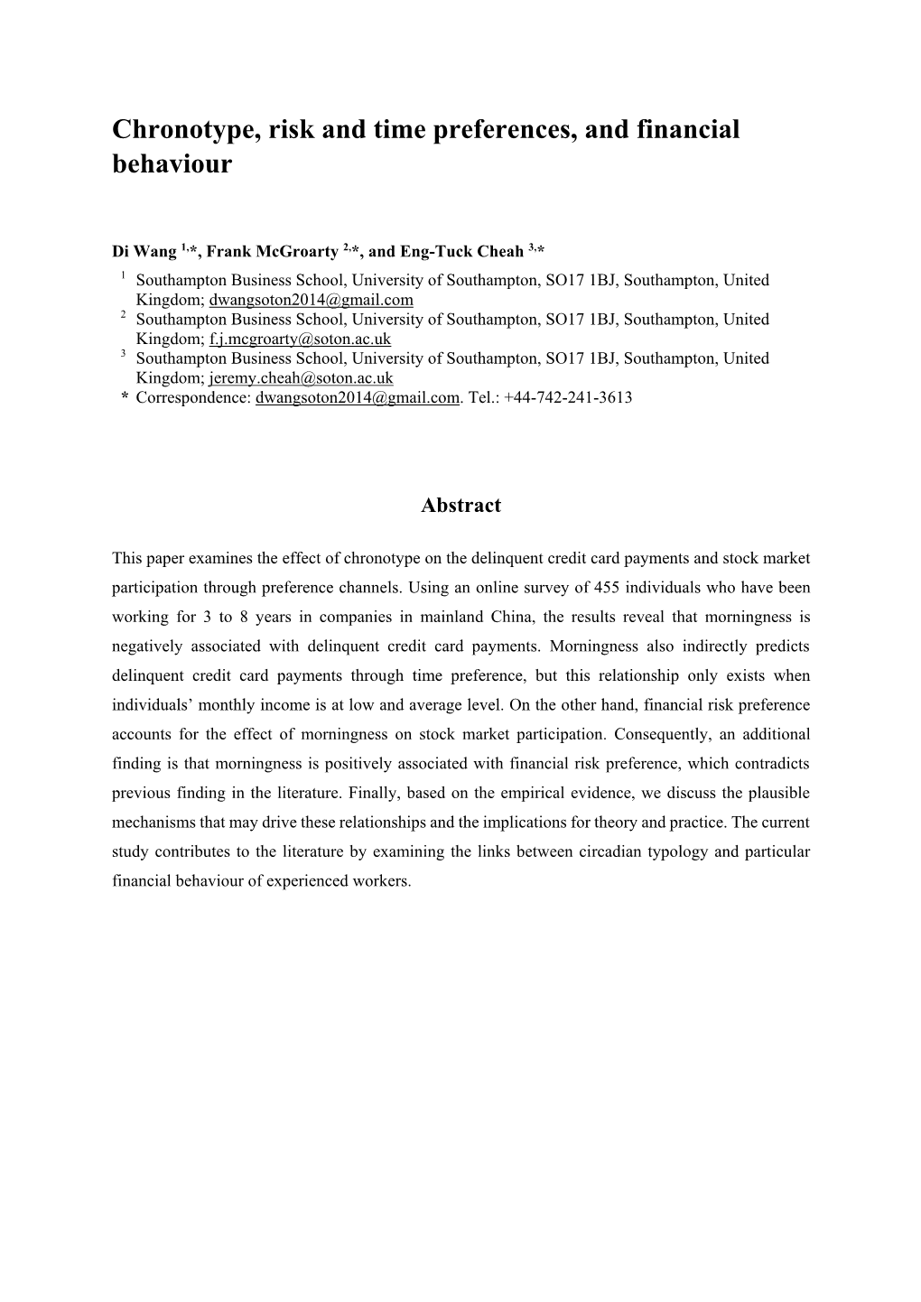 Chronotype, Risk and Time Preferences, and Financial Behaviour