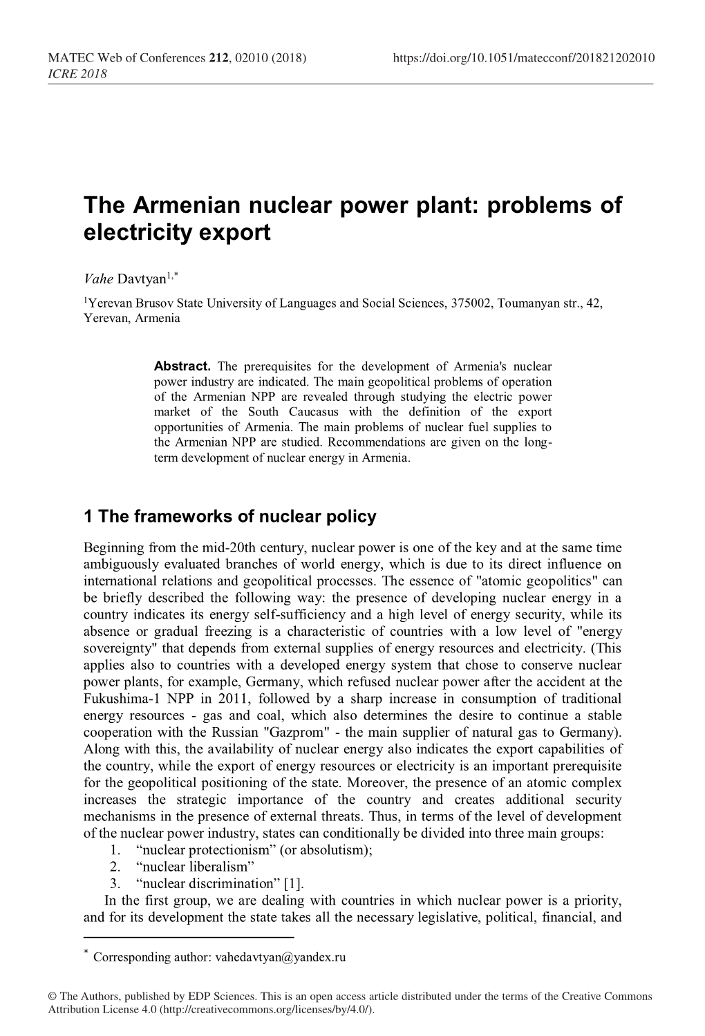 The Armenian Nuclear Power Plant: Problems of Electricity Export