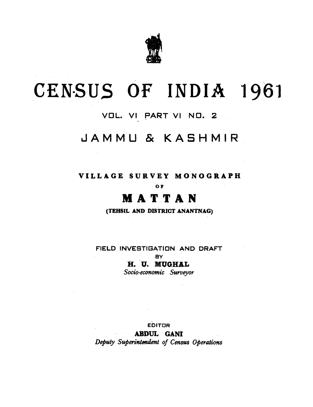 Village Survey Monograph of Mattan, Part VI-No-2, Vol-VI