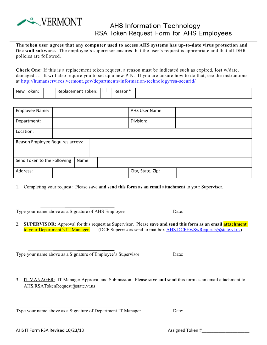 RSA Token Request Form for AHS Employees