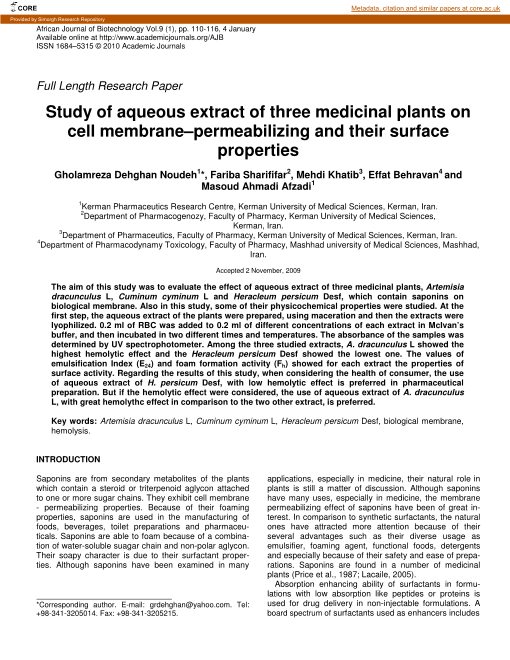 Study of Aqueous Extract of Three Medicinal Plants on Cell Membrane–Permeabilizing and Their Surface Properties