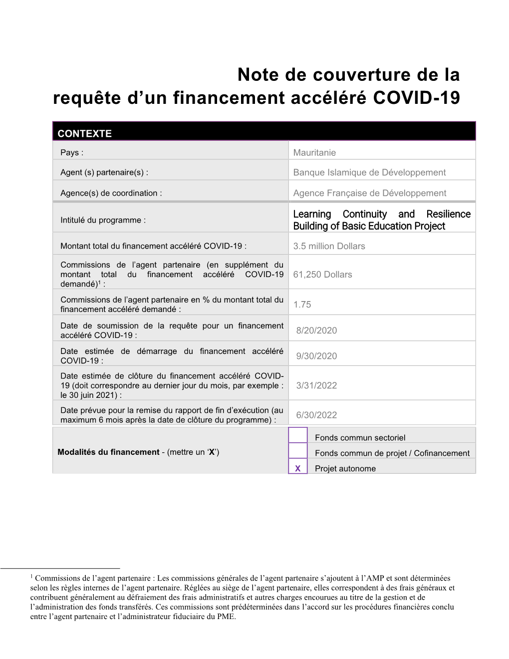 Note De Couverture De La Requête D'un Financement Accéléré COVID-19