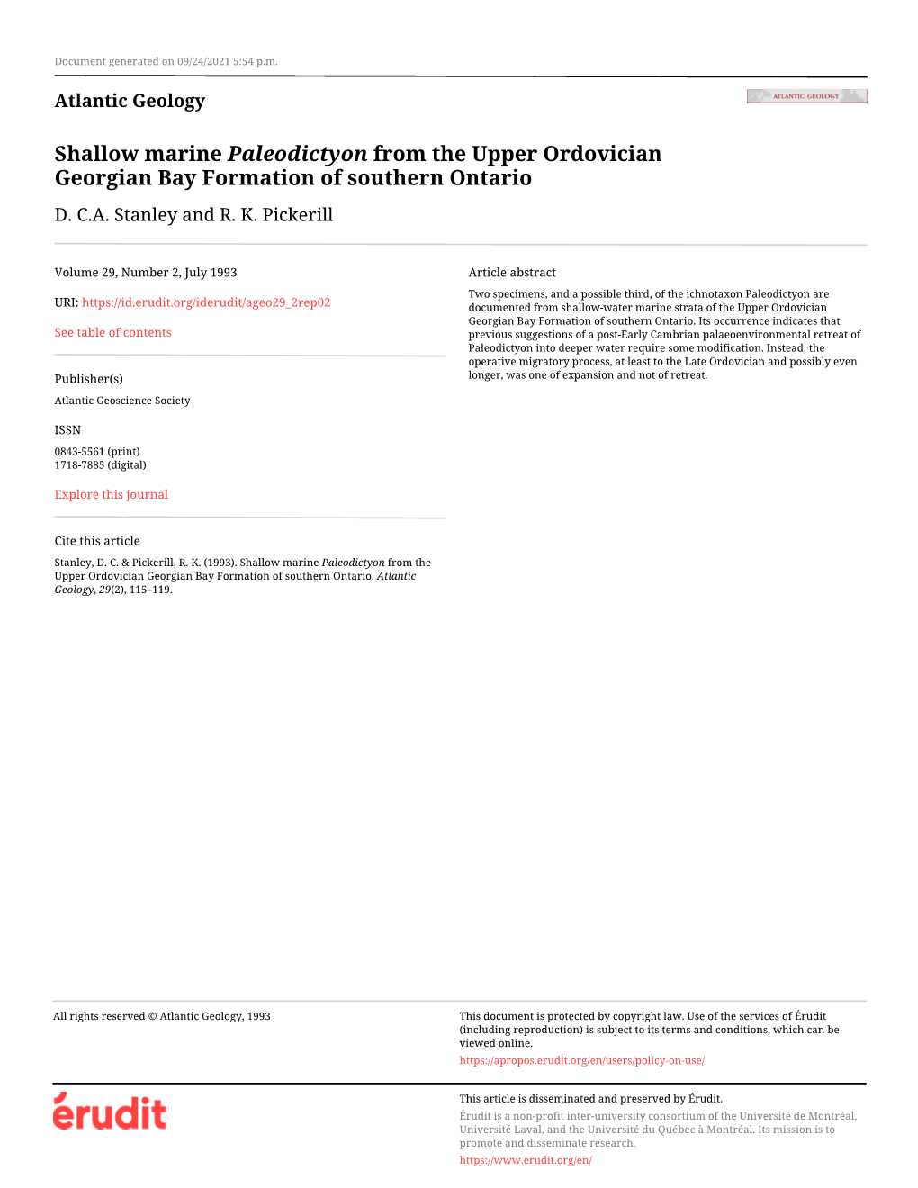 Shallow Marine Paleodictyon from the Upper Ordovician Georgian Bay Formation of Southern Ontario D