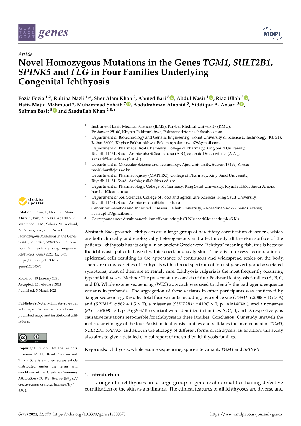 Novel Homozygous Mutations in the Genes TGM1, SULT2B1, SPINK5 and FLG in Four Families Underlying Congenital Ichthyosis