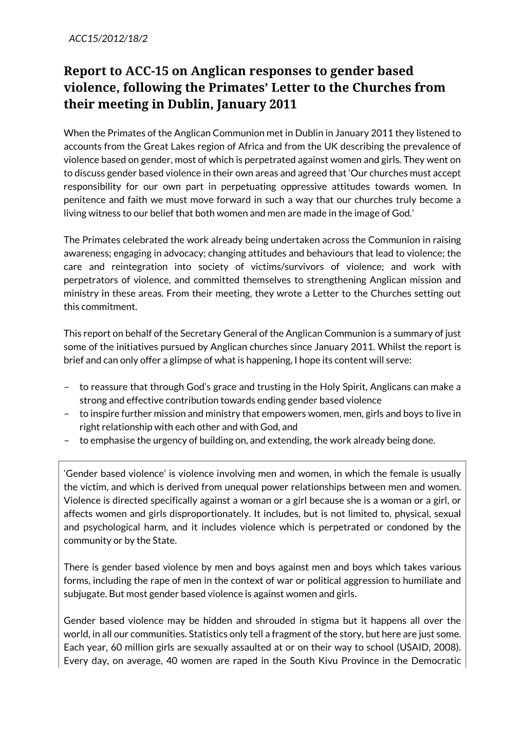 Report to ACC-15 on Anglican Responses to Gender Based Violence, Following the Primates’ Letter to the Churches from Their Meeting in Dublin, January 2011
