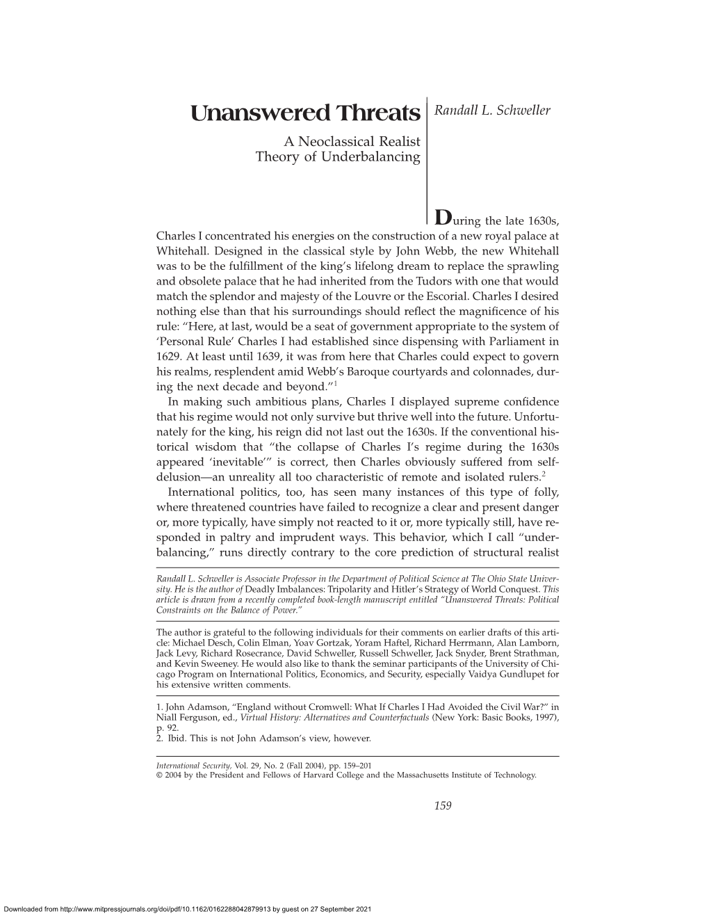 Unanswered Threats Randall L. Schweller a Neoclassical Realist Theory of Underbalancing