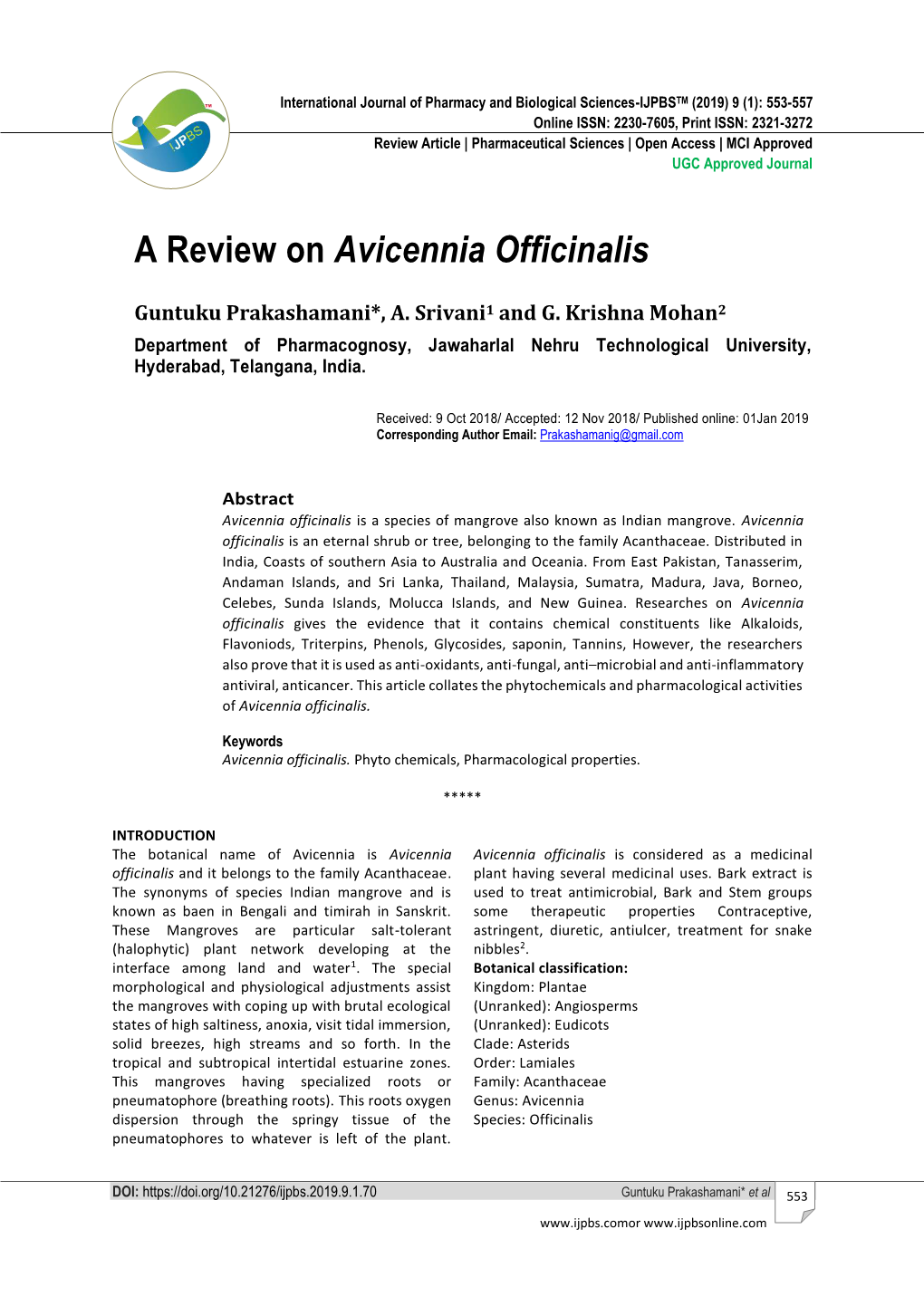 A Review on Avicennia Officinalis