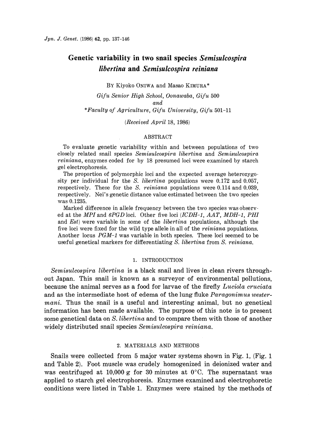 Genetic Variability in Two Snail Species Semisulcospira Libertina and Semisulcospira Reiniana