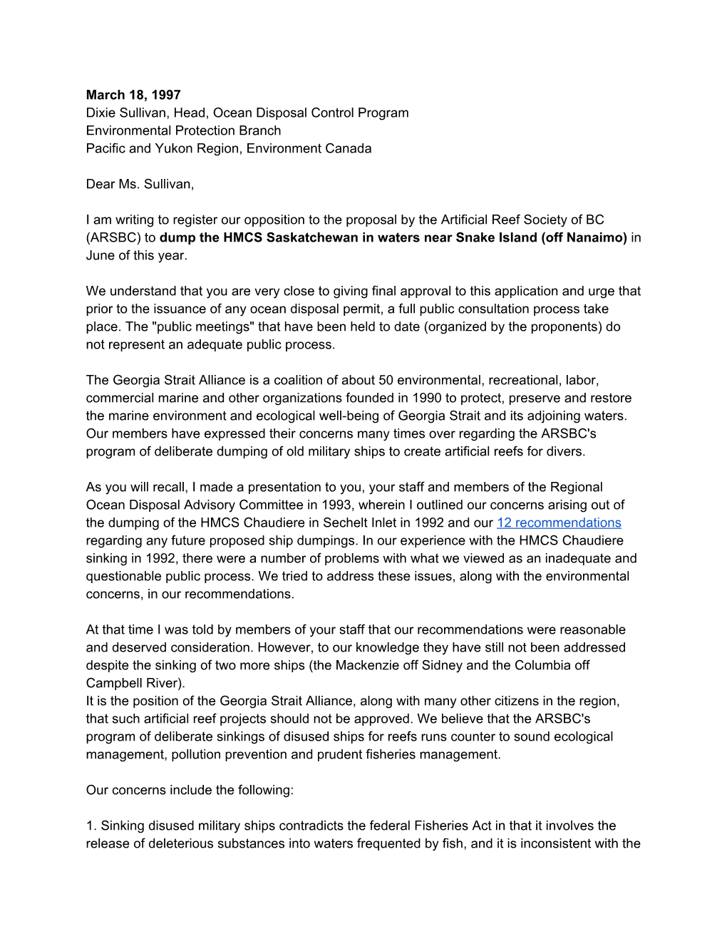 Letter to Environment Canada
